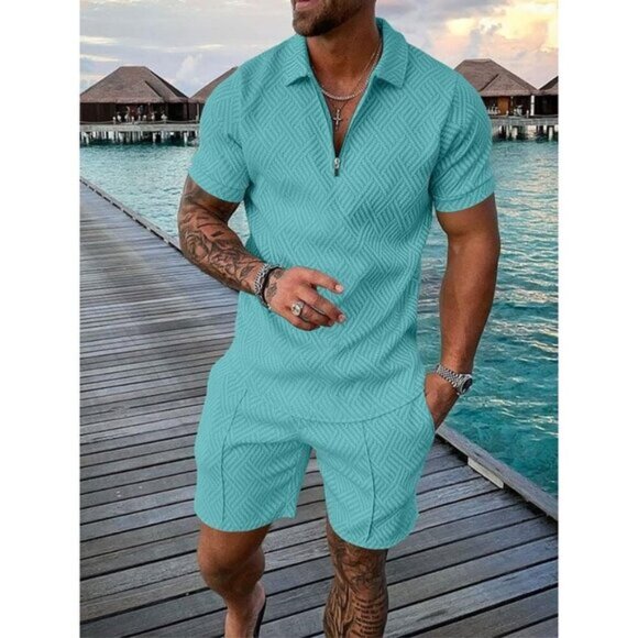 men's short sets 2 piece summer tracksuit polo shirt and shorts set - Picture 2 of 2